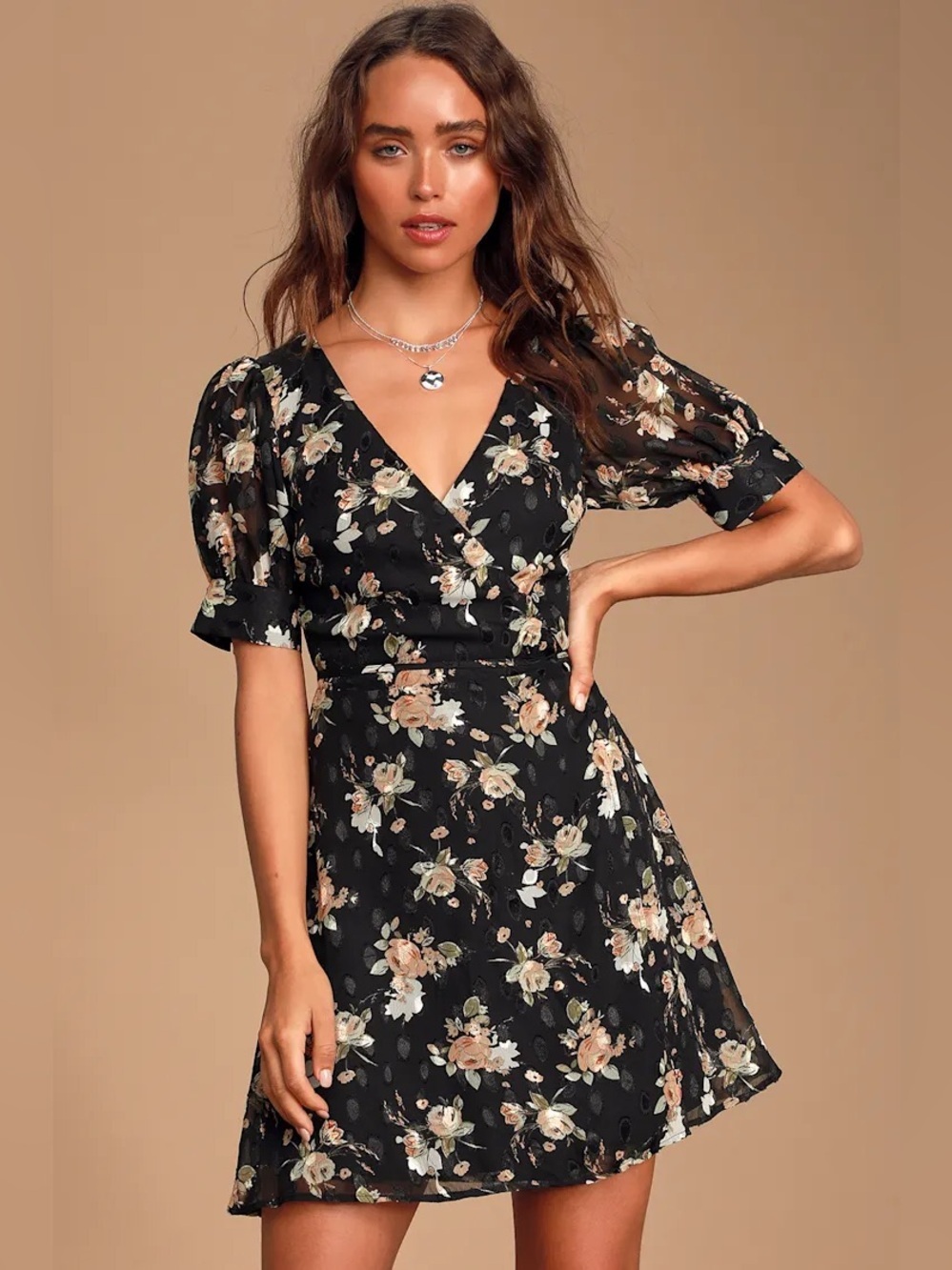 Lulus Remi Black Floral Print Chiffon Wrap Dress small flower date night wedding
